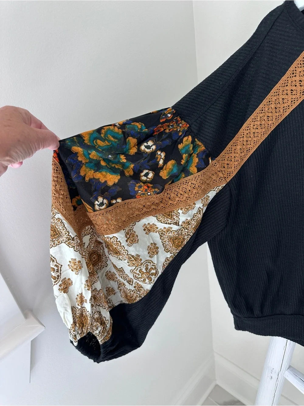 Free People Black Waffle Knit Shirt with Gold Paisley Balloon Sleeves Size L